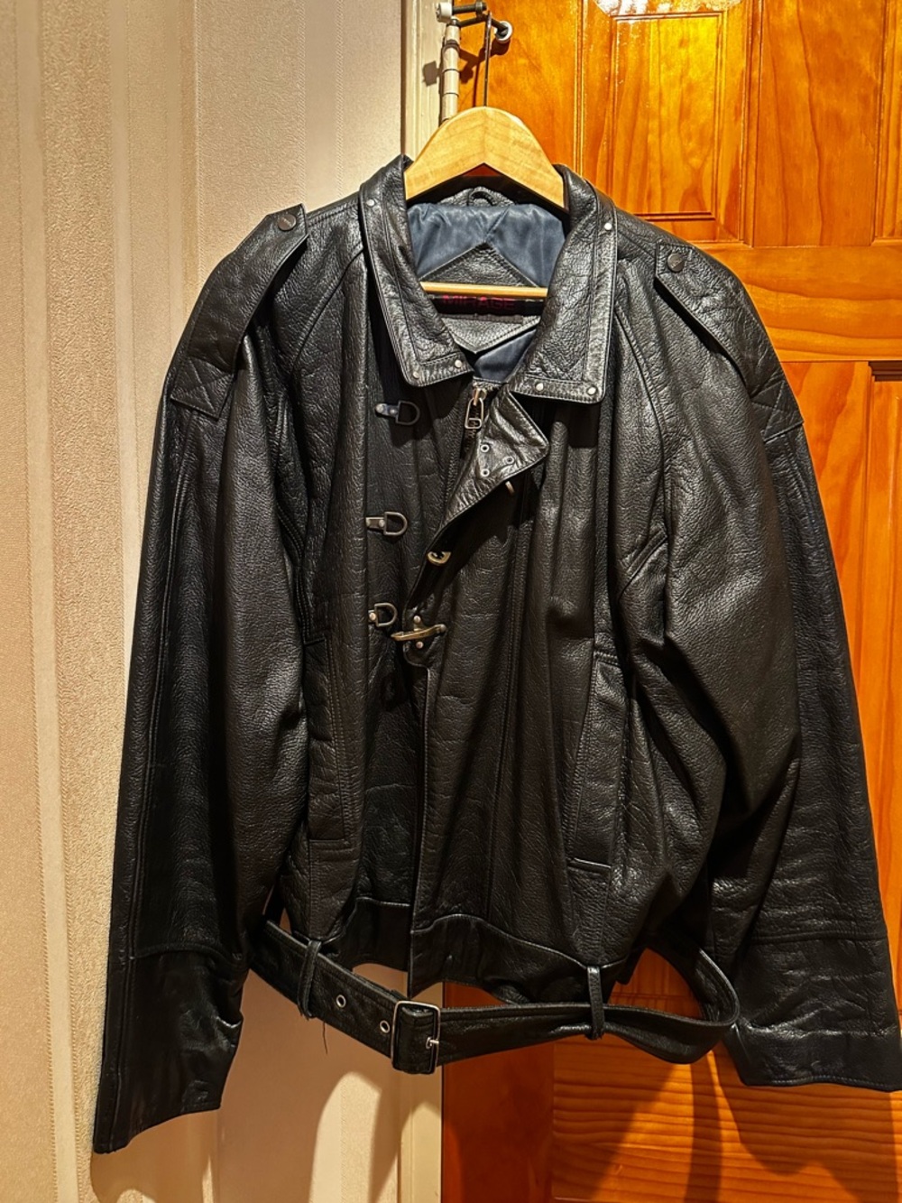 Vintage Mirage Black Genuine Leather Moto Jacket  Biker Belted
